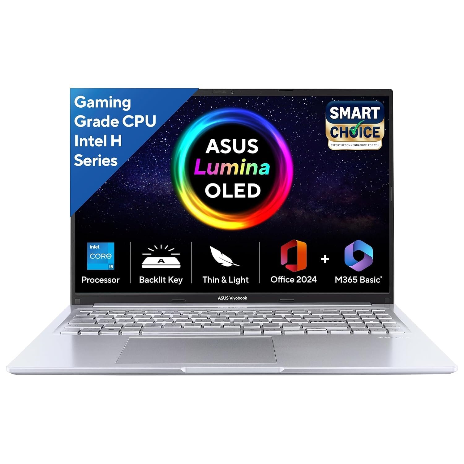 asus vivobook 16,smartchoice, 13th gen, intel core i5 13420h,16gb ram,512gb ssd,fhd, oled,win 11,m365 basic (1y),backlit keyboard,office 2024,silver,1.88 kg,x1605va sh1952ws, thin & light laptop
